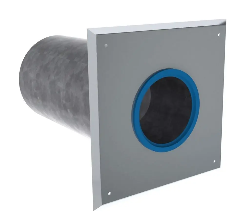 Wanddurchführung mit runder Öffnung und blauer Dichtung. Geeignet für Installationen von Remeha, präsentiert mit grauem Gehäuse und quadratischer Montageplatte.